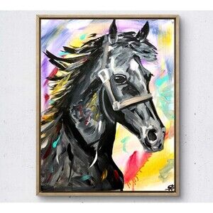 WS original black horse painting 14X11 canvas acrylic abstract modern wall art